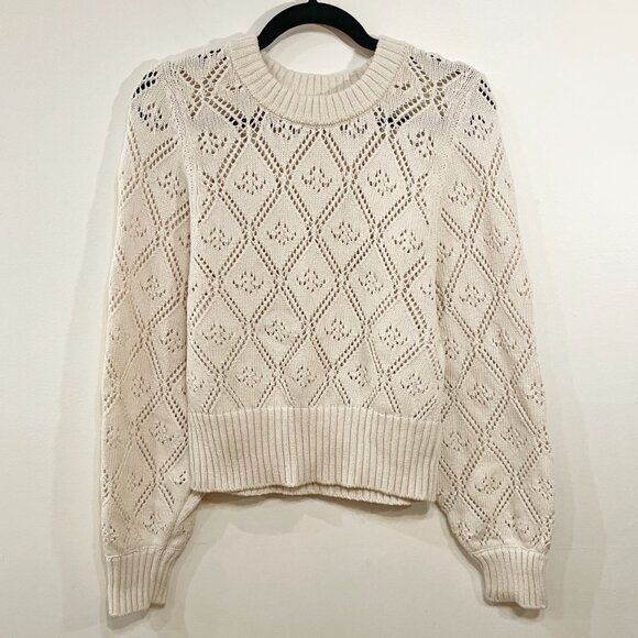 Like New Sezane Abby 100% Cotton Crochet Cropped Sweater Ecru tag L, S-M fit - Picture 3 of 8